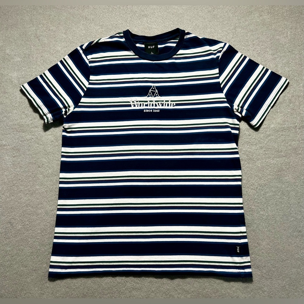 HUF Worldwide Since 2002 Blue White Stripe T-Shirt Men’s Large Skate Cotton Tee